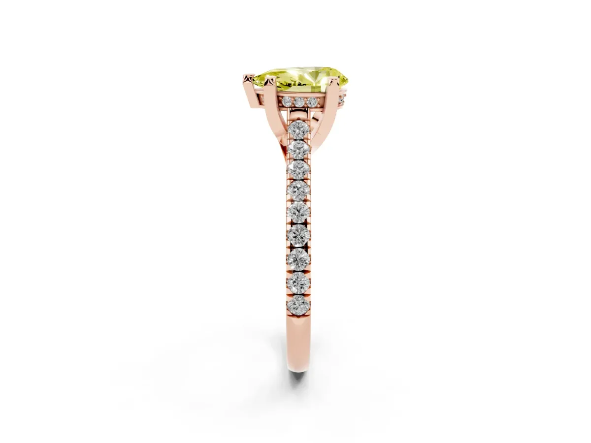 Fancy Yellow Pear Cut Brilliant Diamond Solitaire with Pavé Band and Four-Prong Setting Rose gold