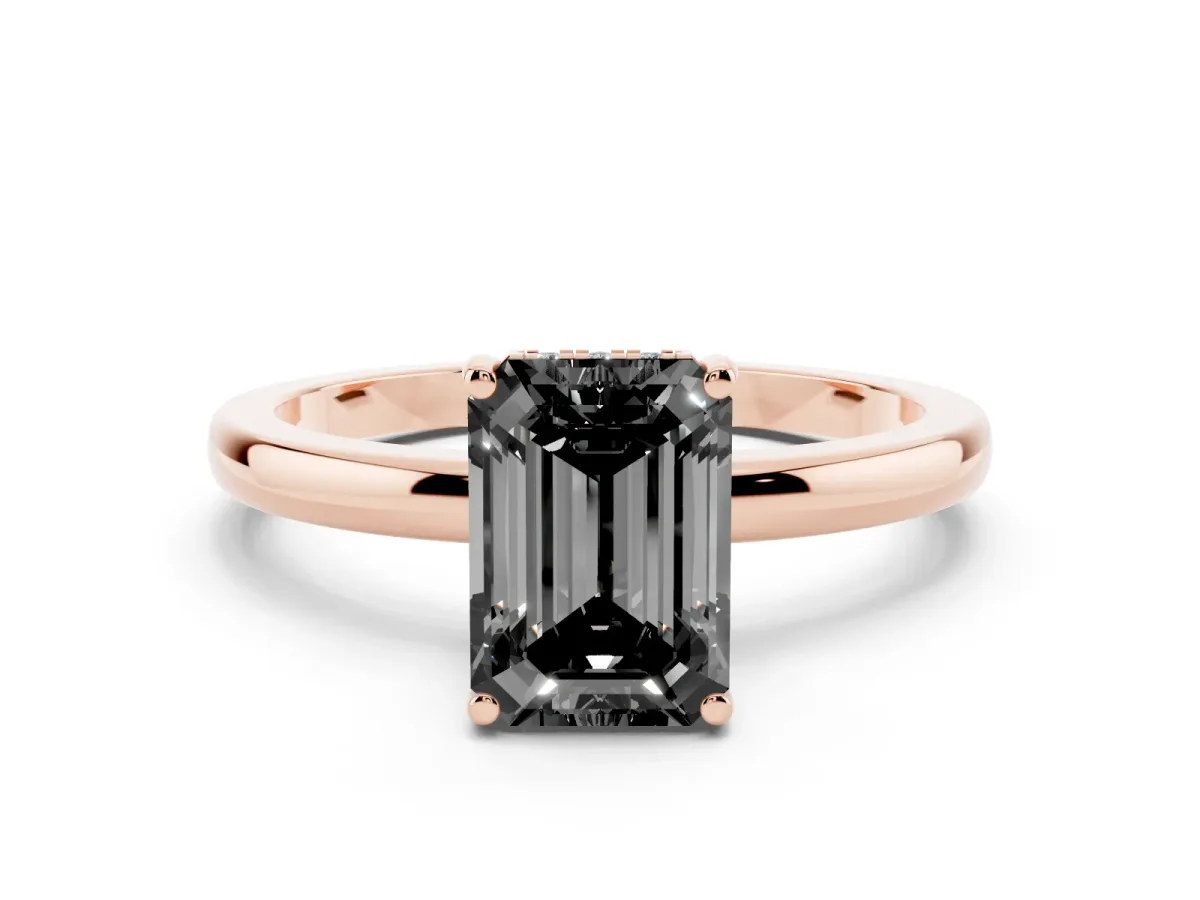 Fancy Black Emerald Cut Solitaire Diamond Ring with Prong Setting and Plain Band Rose gold