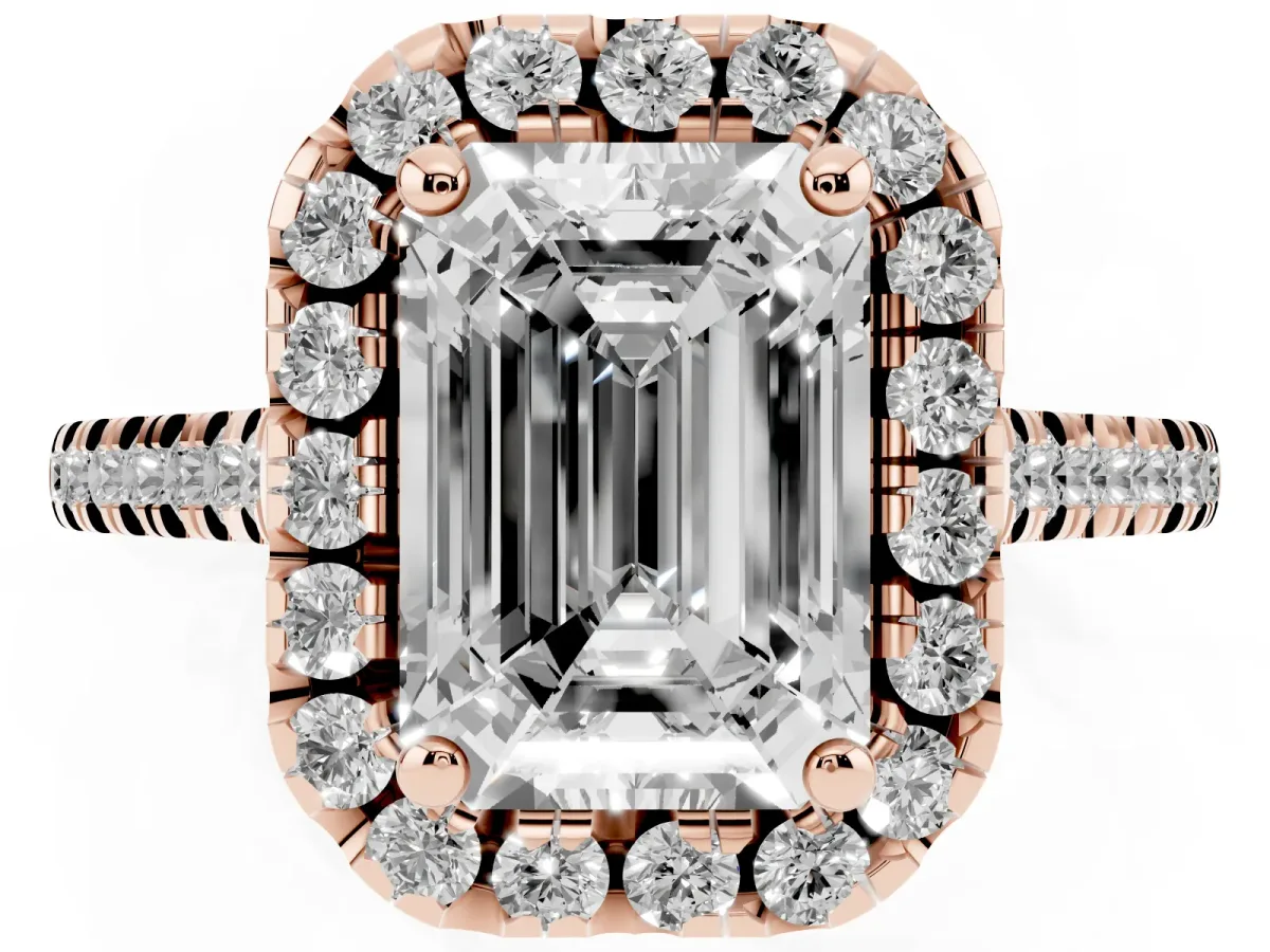 Emerald Cut Diamond Cushion Halo Ring with Pavé Band Rose gold