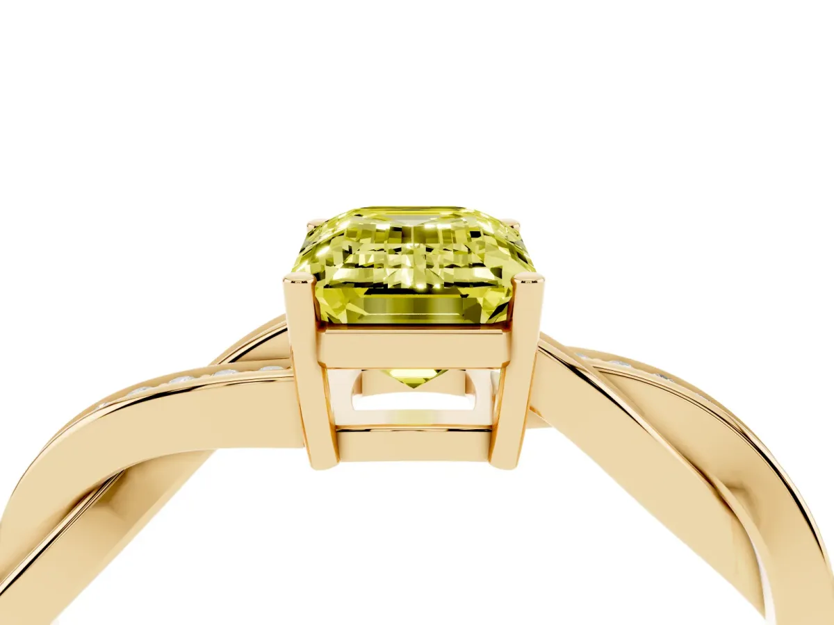 Fancy Yellow Emerald Cut Solitaire Twisted Pave Diamond Ring with Four-Prong Setting Yellow gold