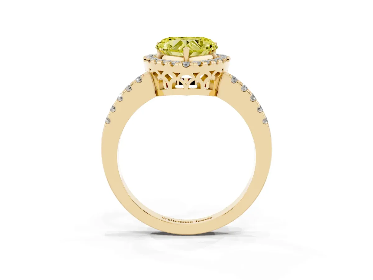Fancy Yellow Heart Cut Halo Diamond Engagement Ring with Pavé Band and Four-Prong Setting Yellow gold