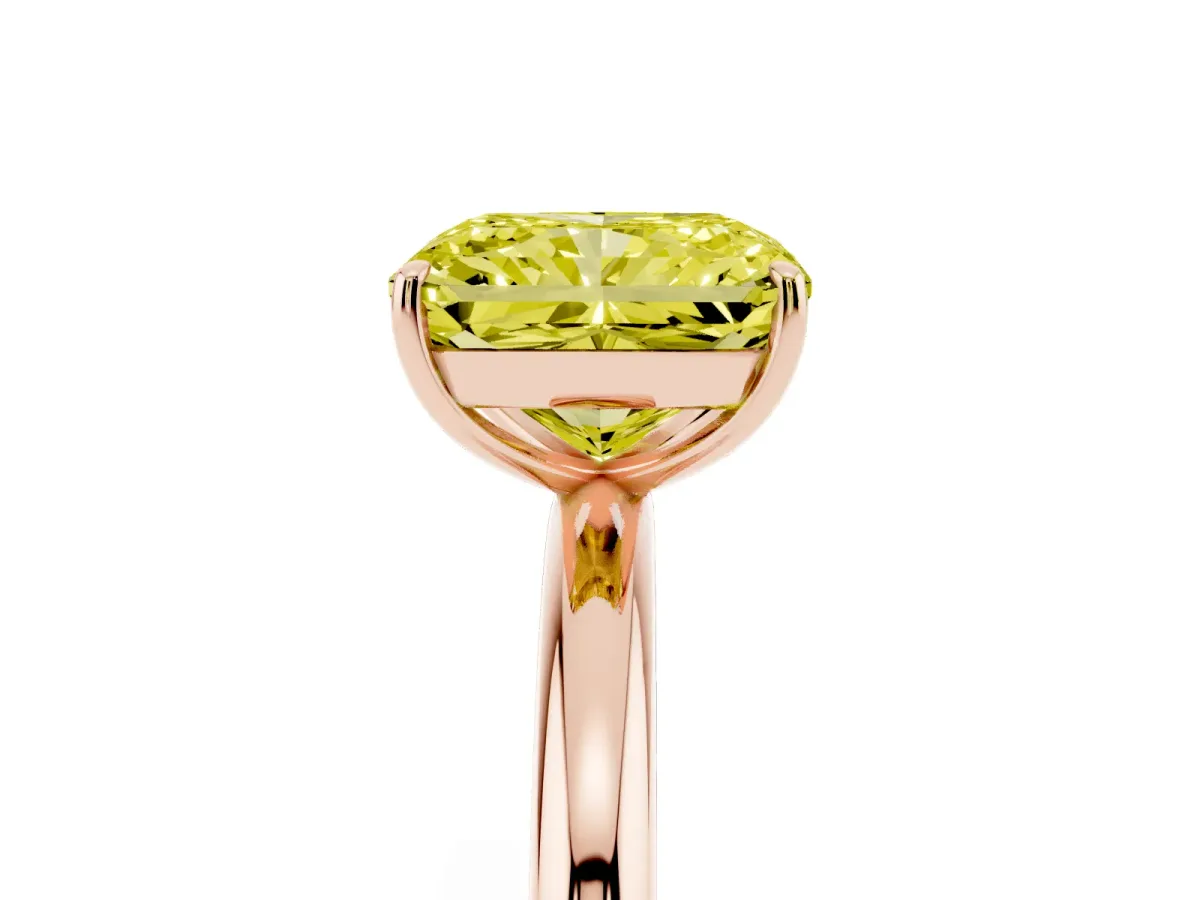 Fancy Yellow Radiant Cut Solitaire Diamond Ring with Four-Prong Setting on a Plain Band Rose gold