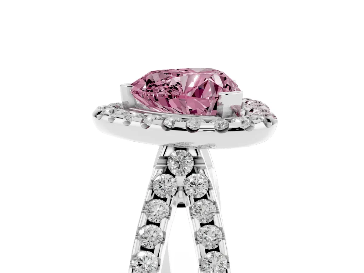 Fancy Pink Heart Cut Diamond Halo Ring with Split Shank Pavé Band and Prong Setting Silver