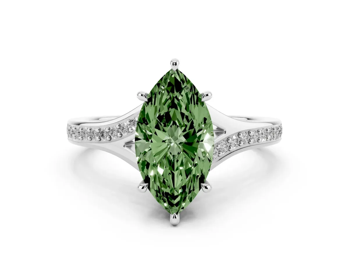 Fancy Green Marquise Cut Diamond Solitaire Ring with Pavé Band and Prong Setting Silver