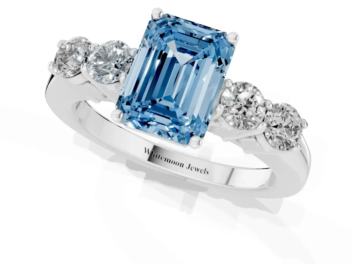 Fancy Blue Emerald Cut Cut Diamond Five-Stone Prong Set White Gold Ring Platinum