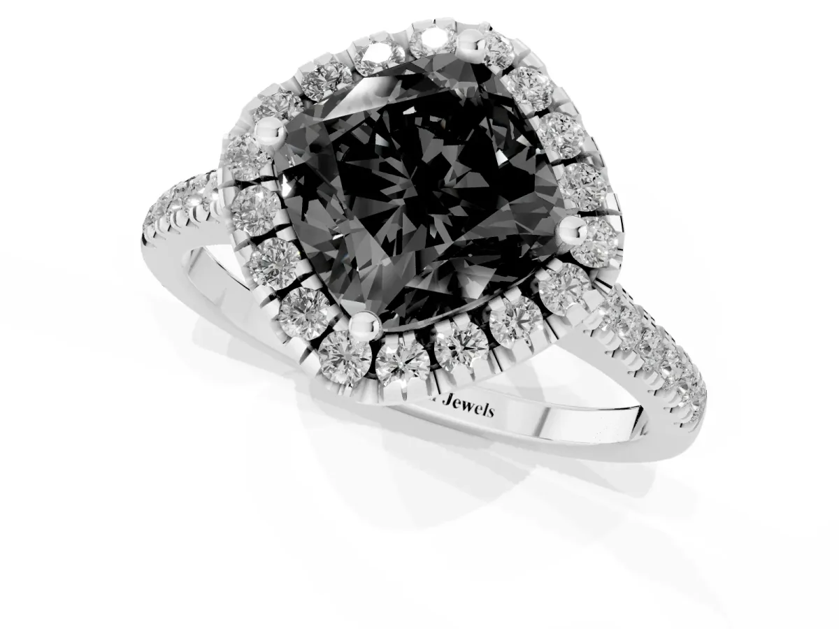 Fancy Black Cushion Cut Diamond Cushion Halo Ring with Pavé Band Silver
