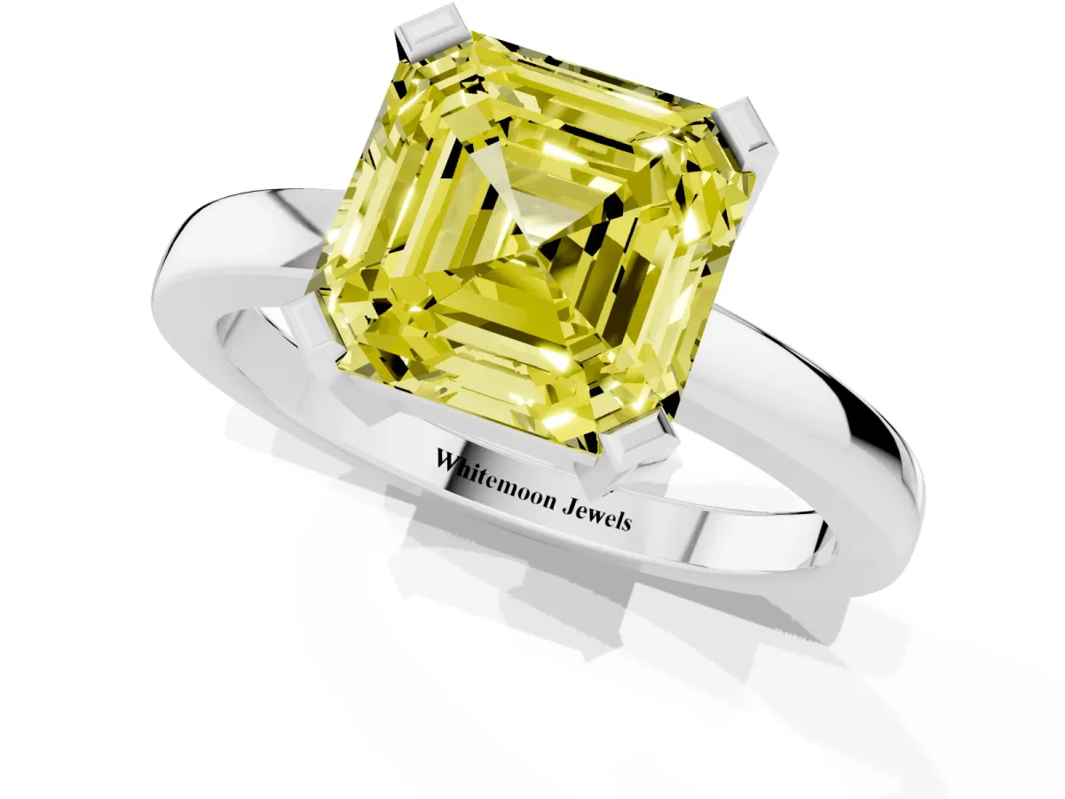 Fancy Yellow Asscher Cut Cut Solitaire Ring with Four-Prong Setting and Classic Band Silver