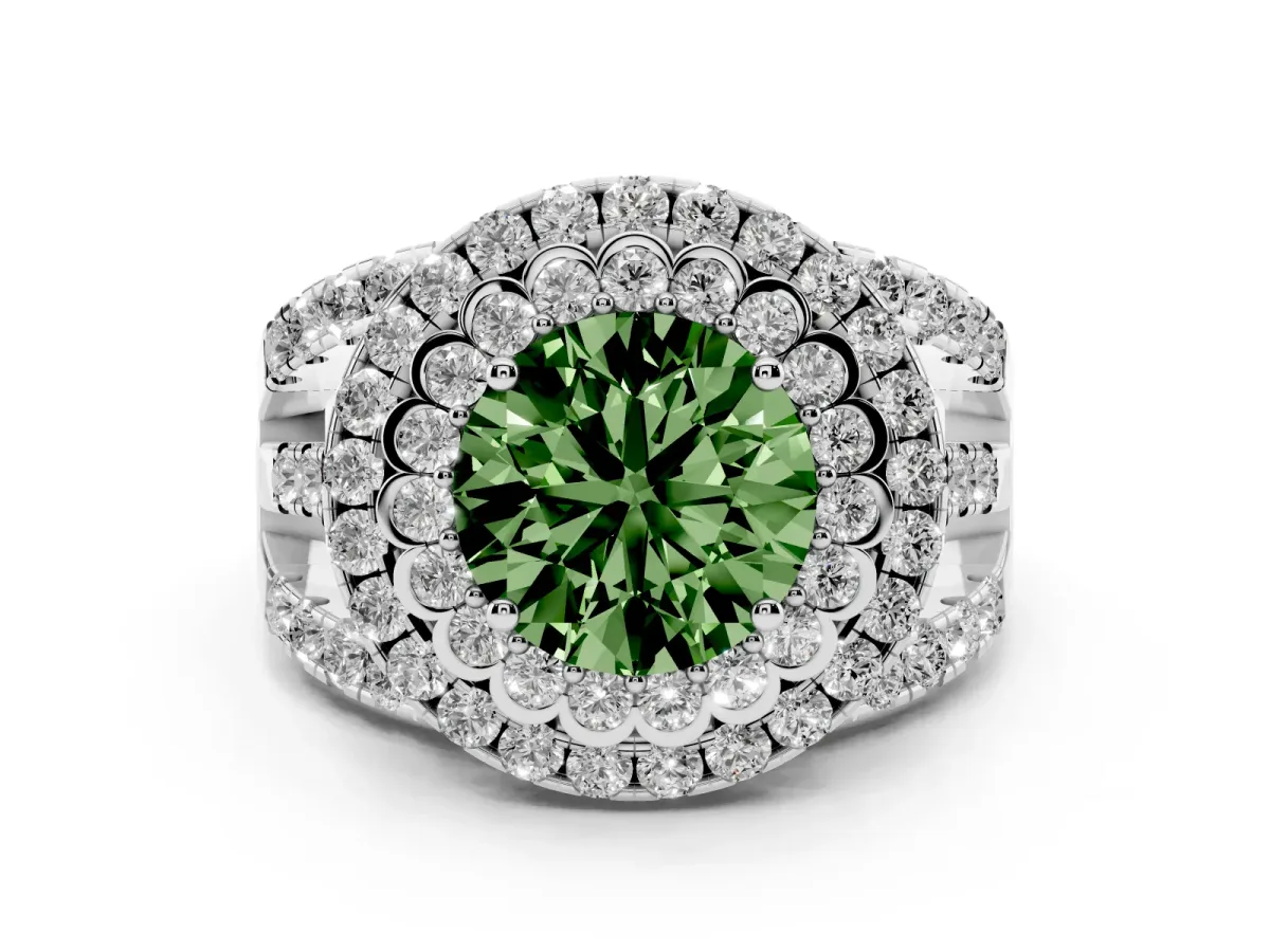 Fancy Green Round Cut Diamond Double Halo Ring with Round Pavé Split Shank and Prong Setting Silver