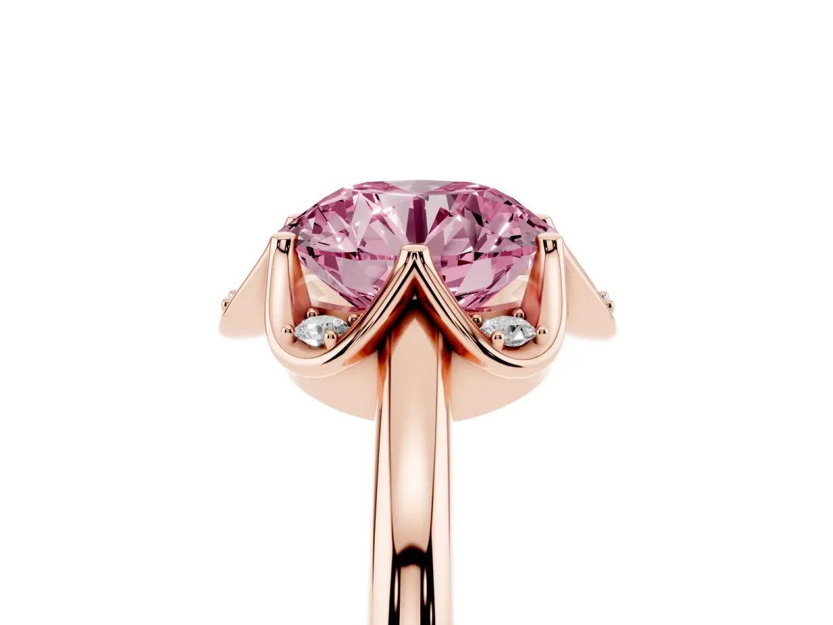 Fancy Pink Round Cut Halo Diamond Ring with Round Cluster Setting, Solitaire Band, and Four-Prong Setting Rose gold