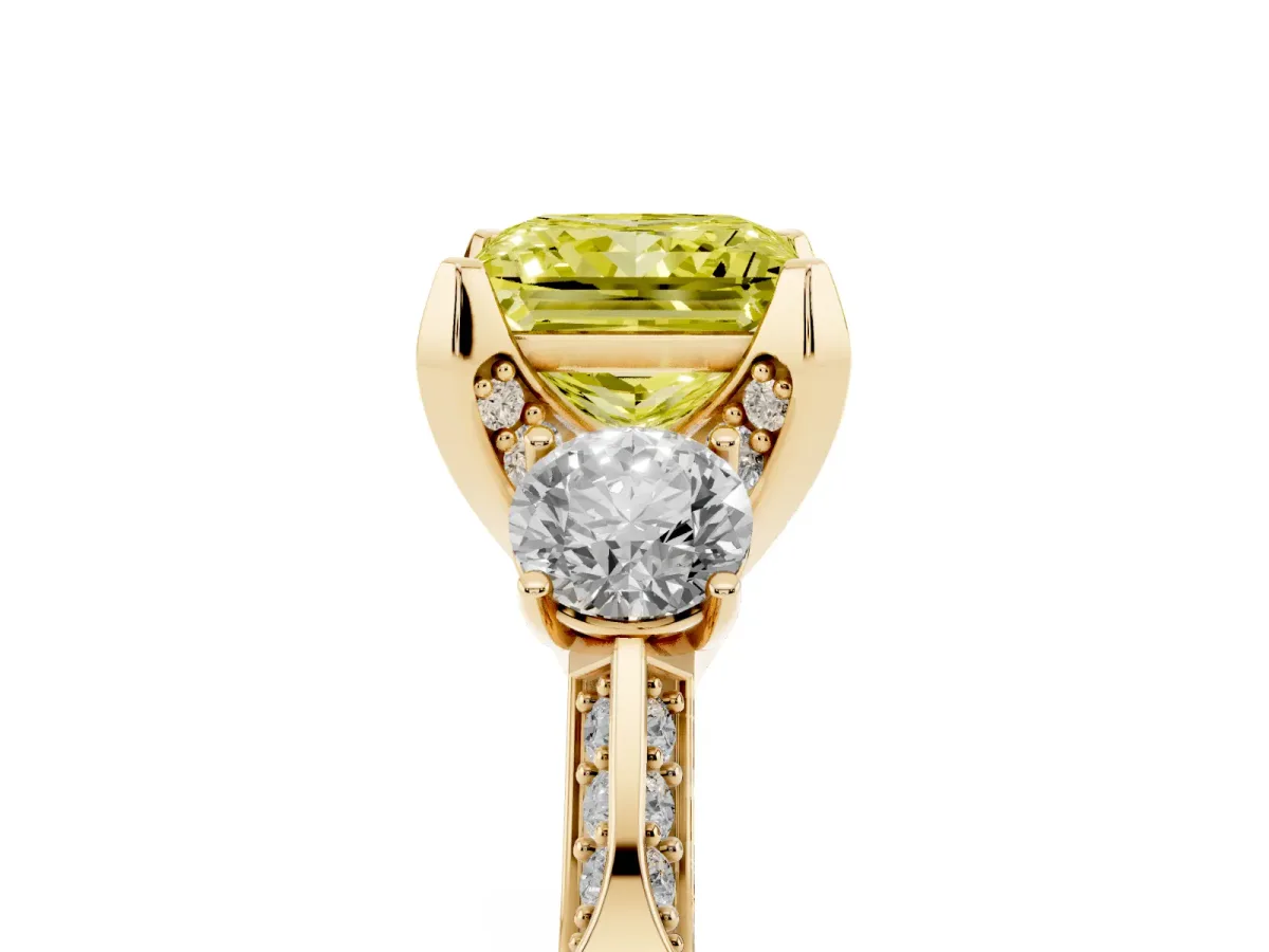 Fancy Yellow Princess Cut Brilliant Three-Stone Diamond Ring with Pavé Band and Four-Prong Setting Yellow gold