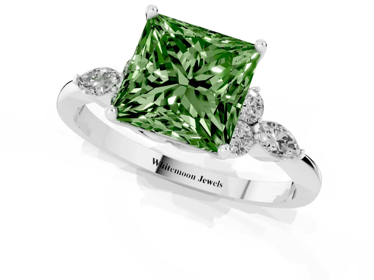 Fancy Green Princess Cut Brilliant Diamond Solitaire Ring with Pear Side Stones and Four-Prong Setting Silver