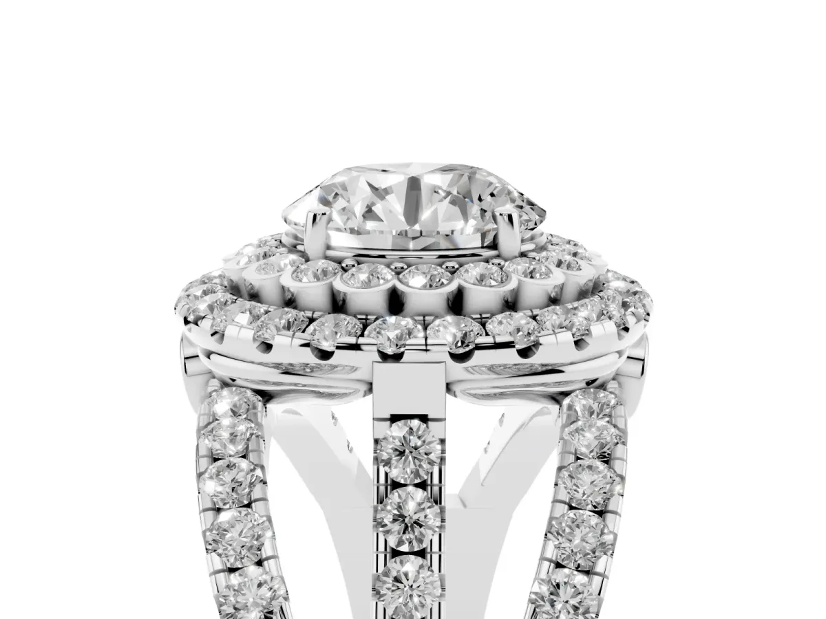 Round Cut Diamond Double Halo Ring with Round Pavé Split Shank and Prong Setting Silver