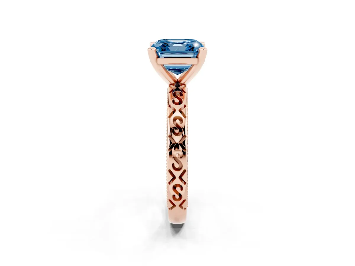 Fancy Blue Asscher Cut Solitaire Engagement Ring with Scrollwork Band and Four-Prong Setting Rose gold