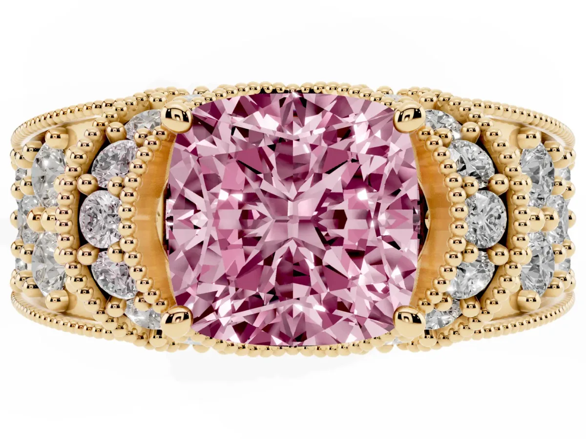Fancy Pink Cushion Cut Halo Pave Diamond Engagement Ring with Milgrain Detailing Yellow gold