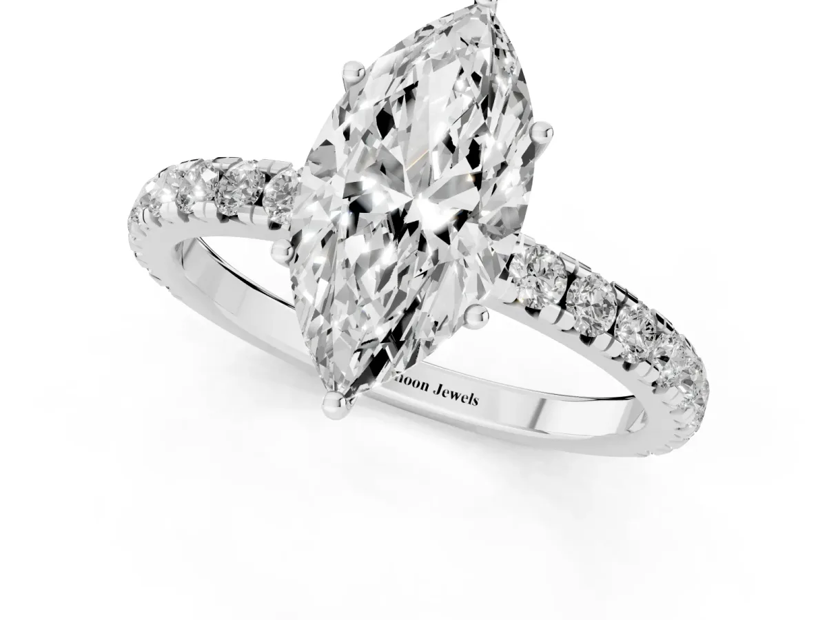 Marquise Cut Diamond Pavé Solitaire Engagement Ring with Four-Prong Setting Silver