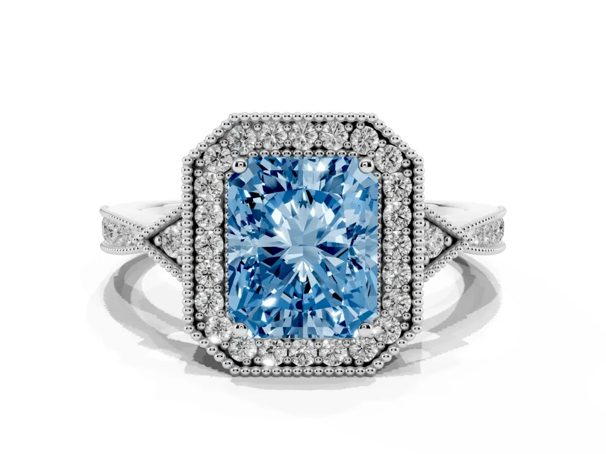 Fancy Blue Radiant Cut Halo Round Diamond Milgrain Pave Engagement Ring Platinum
