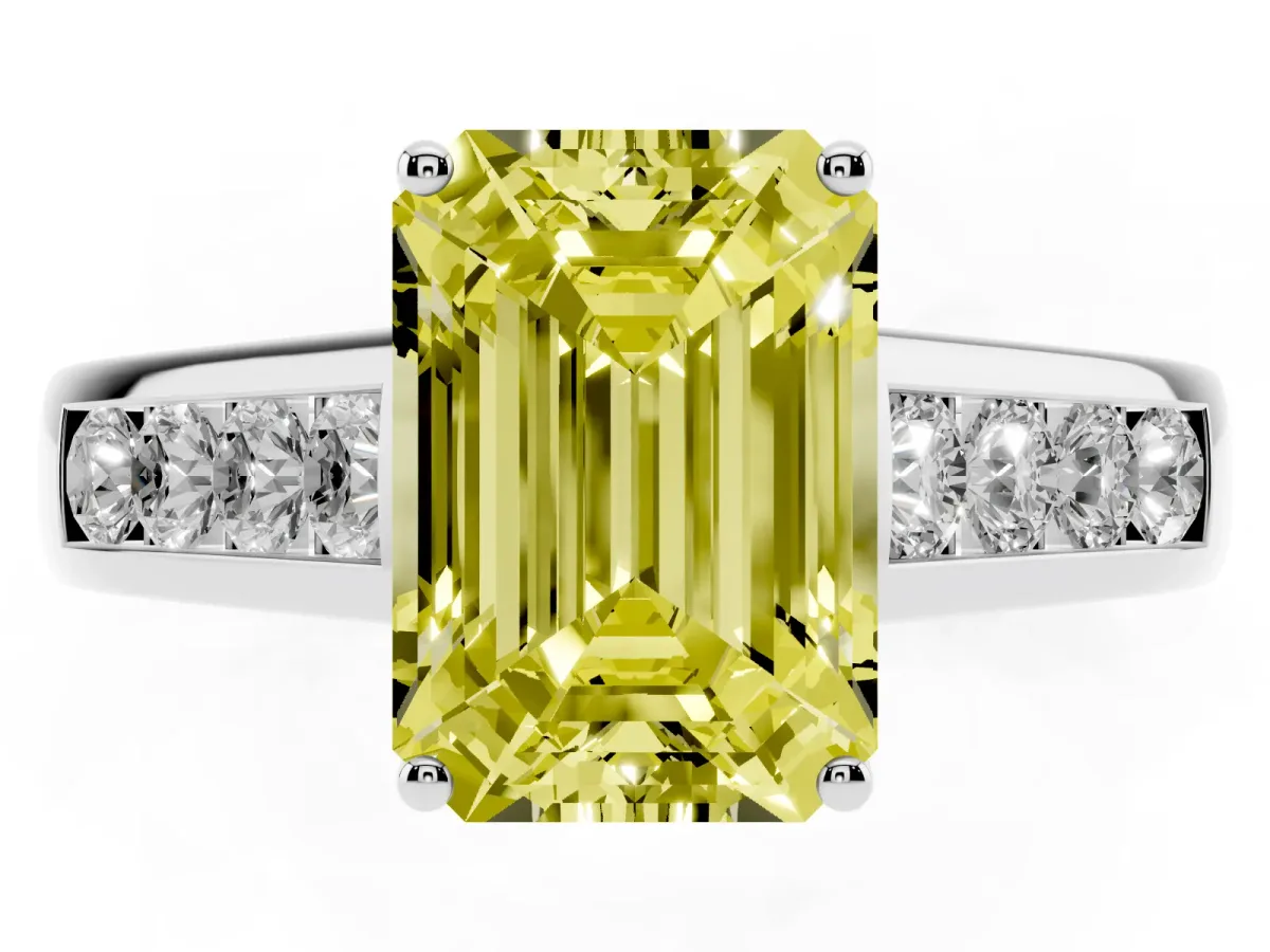 Fancy Yellow Emerald Cut Solitaire Channel-Set Diamond Engagement Ring with Four-Prong Setting Silver