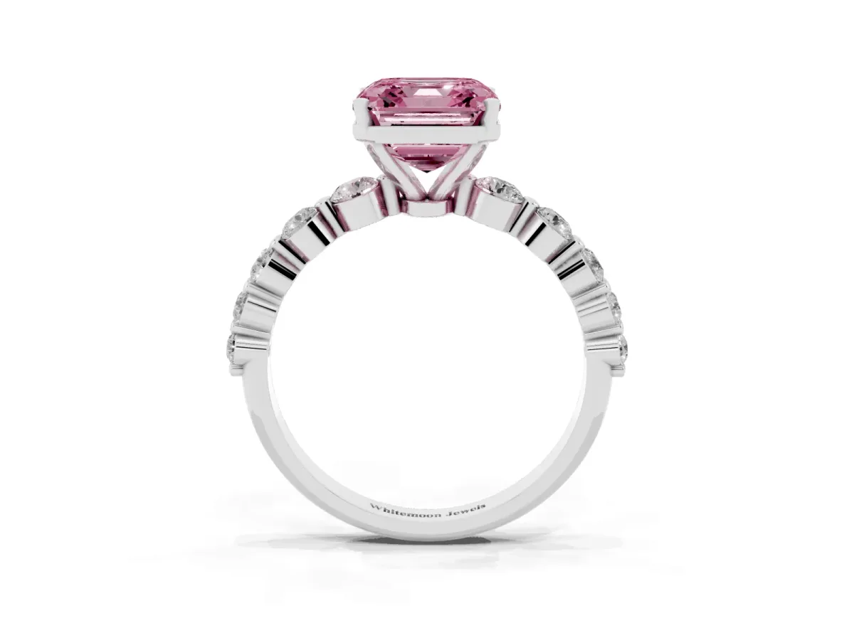 Fancy Pink Asscher Cut Solitaire Diamond Ring with Pave Band and Four-Prong Setting Silver