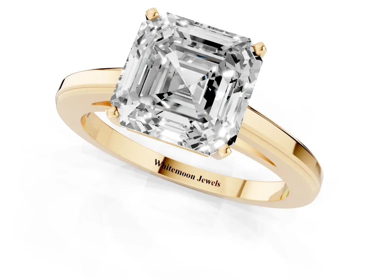 Asscher Cut Solitaire Diamond Ring with Four-Prong Setting and Classic Band Yellow gold