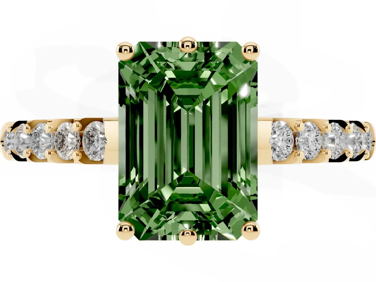 Fancy Green Emerald Cut Solitaire Diamond Engagement Ring with Pavé Band and Six-Prong Setting Yellow gold