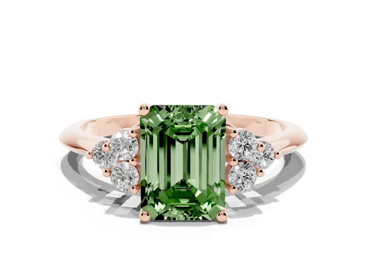 Fancy Green Emerald Cut Cut Diamond Cluster Ring with Solitaire Band and Four-Prong Setting Rose gold