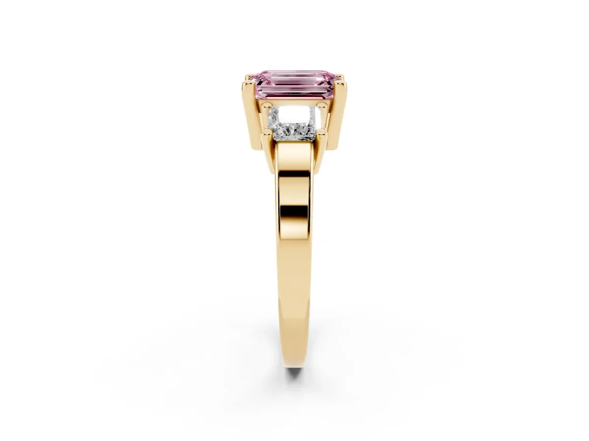 Fancy Pink Three-Stone Emerald Cut Cut Solitaire Ring with Prong Setting Yellow gold