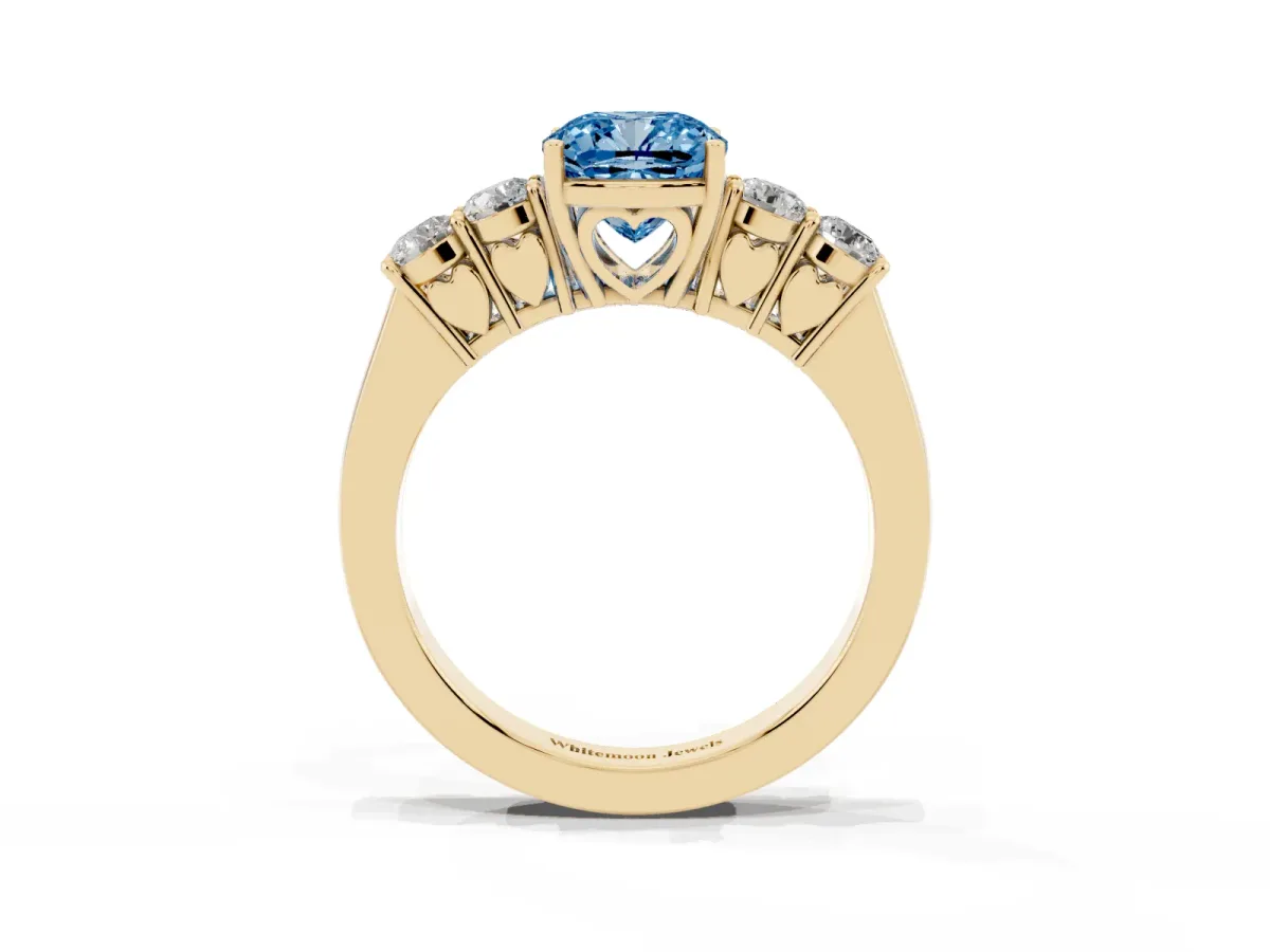 Fancy Blue Cushion Cut Cut Diamond Five-Stone Prong Set White Gold Ring Yellow gold