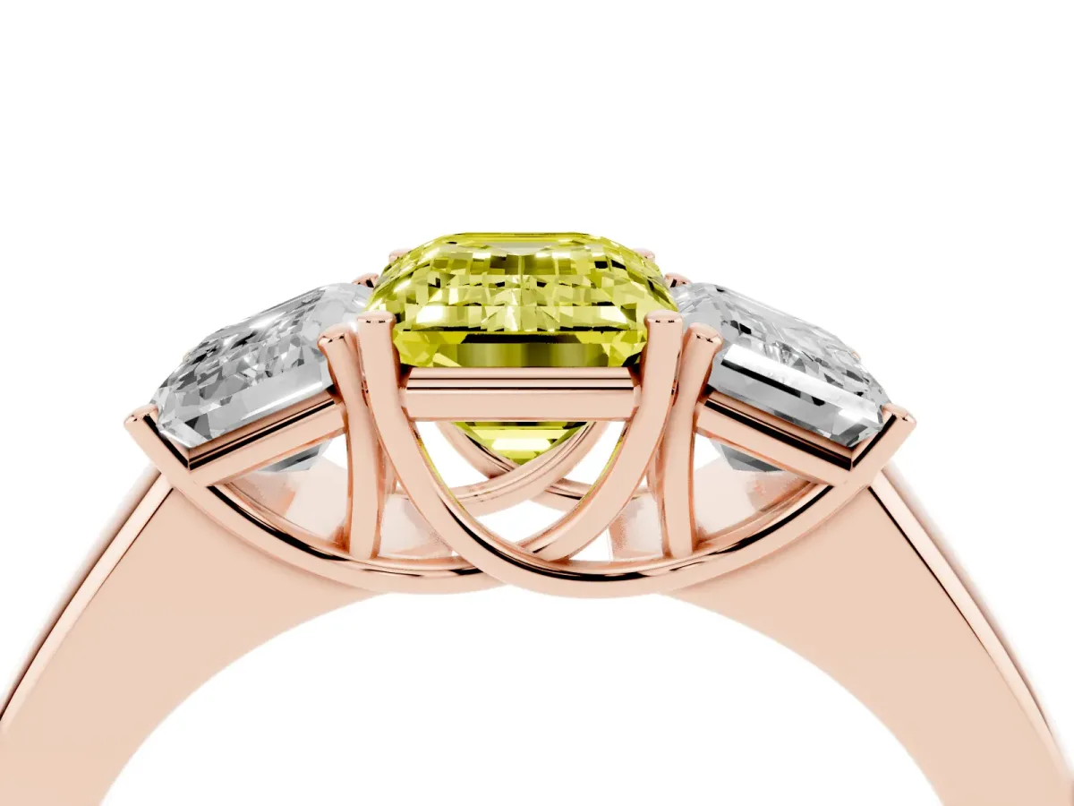 Fancy Yellow Three-Stone Emerald Cut Cut Diamond Ring with Prong Setting and Classic Band Rose gold