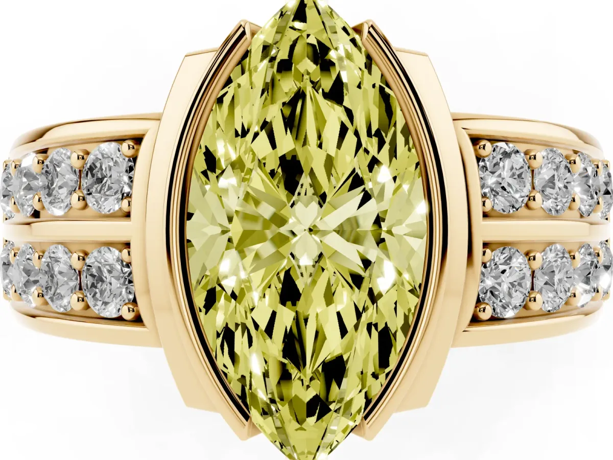 Fancy Yellow Marquise Cut Brilliant Diamond Channel Set Wide Band Ring with Bezel Setting Yellow gold