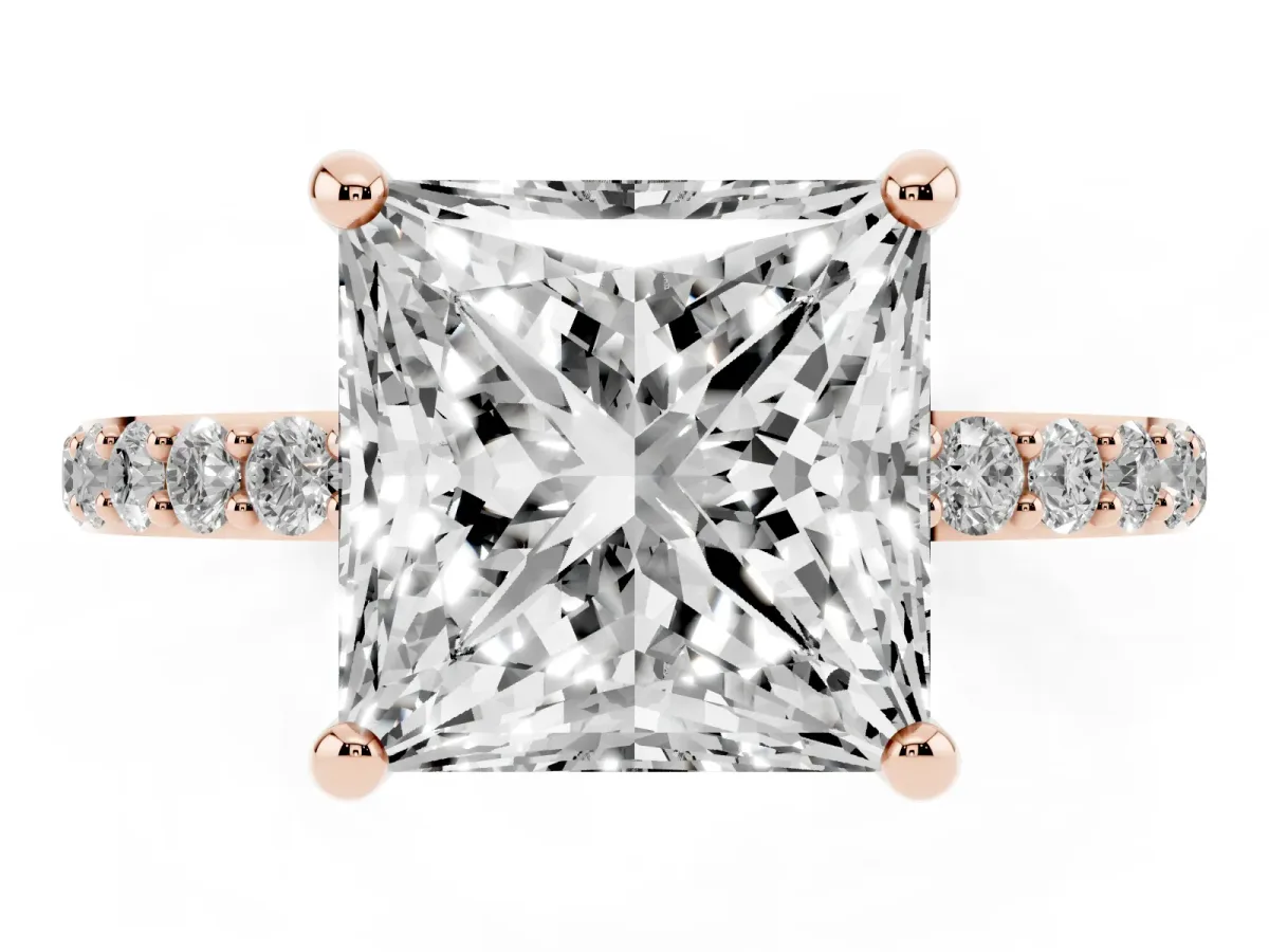 Princess Cut Diamond Solitaire Ring with Round Pavé Band and Prong Setting Rose gold