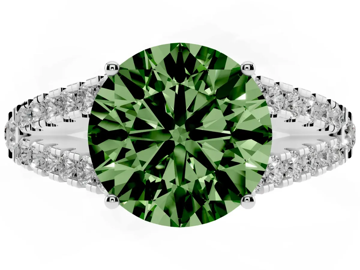 Fancy Green Round Cut Diamond Split Shank Engagement Ring with Round Pavé and Prong Setting Silver