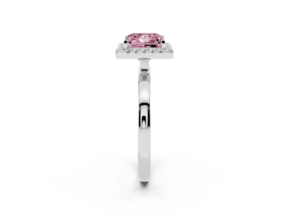 Fancy Pink Princess Cut Halo Diamond Solitaire with Pavé Band and Four-Prong Setting Platinum