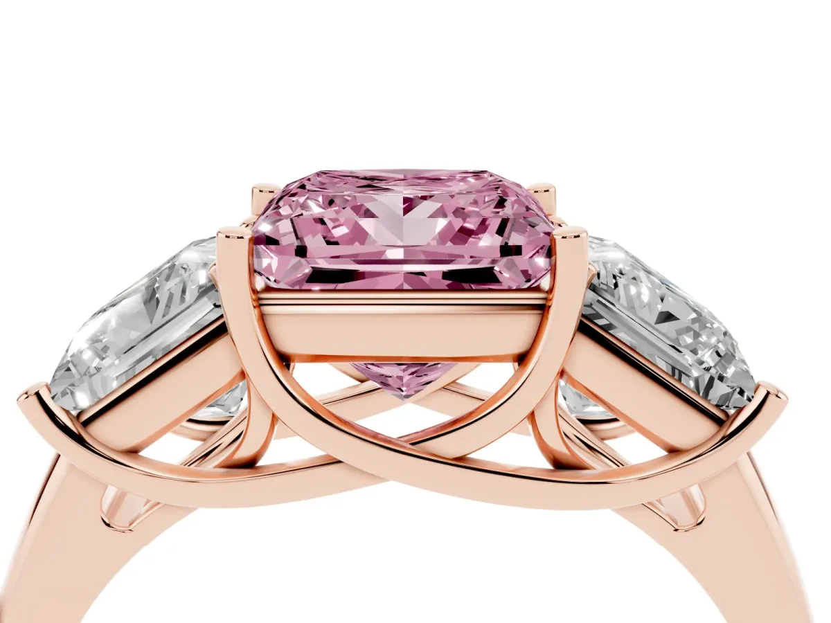 Fancy Pink Three-Stone Princess Cut Diamond Engagement Ring with Prong Setting Rose gold
