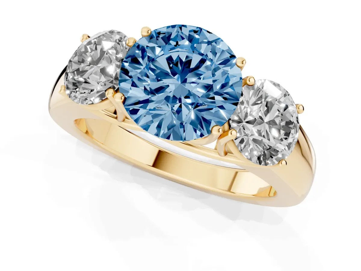 Fancy Blue Three-Stone Round Cut Cut Diamond Ring with Prong Setting and Classic Band Yellow gold