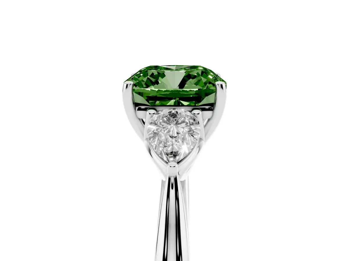 Fancy Green Three-Stone Cushion Cut Brilliant Diamond Solitaire Ring with Tapered Band and Four-Prong Setting Silver