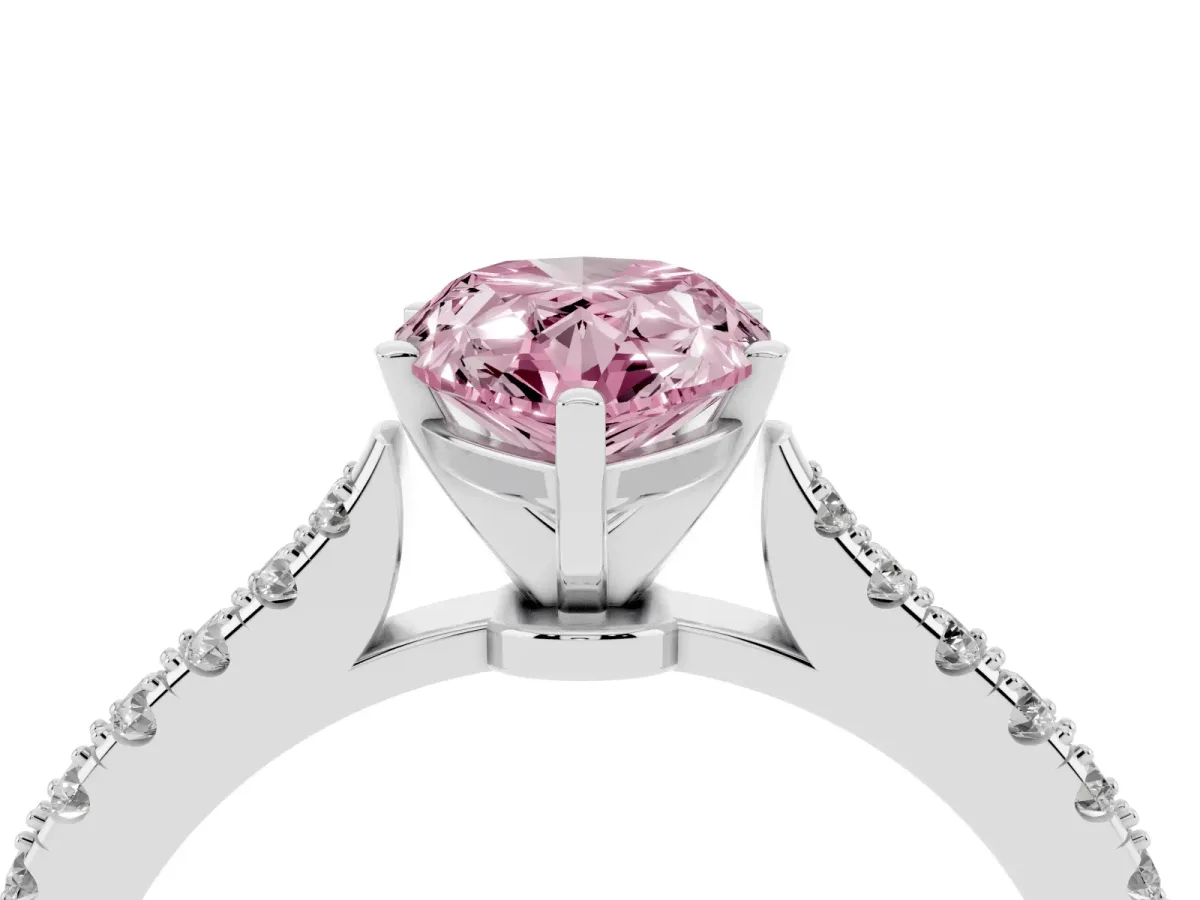 Fancy Pink Pear Cut Cut Solitaire Diamond Engagement Ring with Pave Band and Four-Prong Setting Platinum