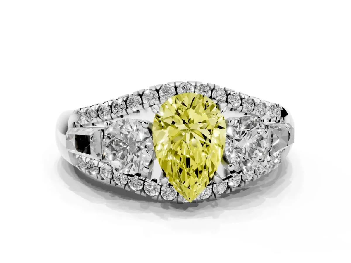 Fancy Yellow Three-Stone Pear Cut Diamond Engagement Ring with Pave Band and Prong Setting Silver