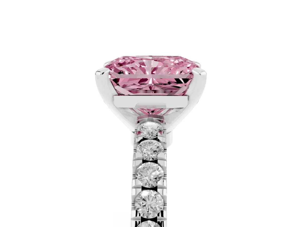 Fancy Pink Radiant Cut Solitaire Diamond with Pavé Band and Four-Prong Setting White gold