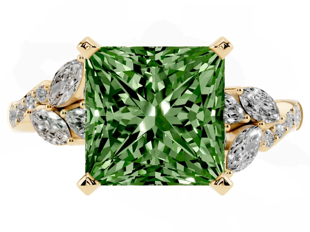 Fancy Green Princess Cut Solitaire Marquise Twist Band with Six-Prong Setting Yellow gold