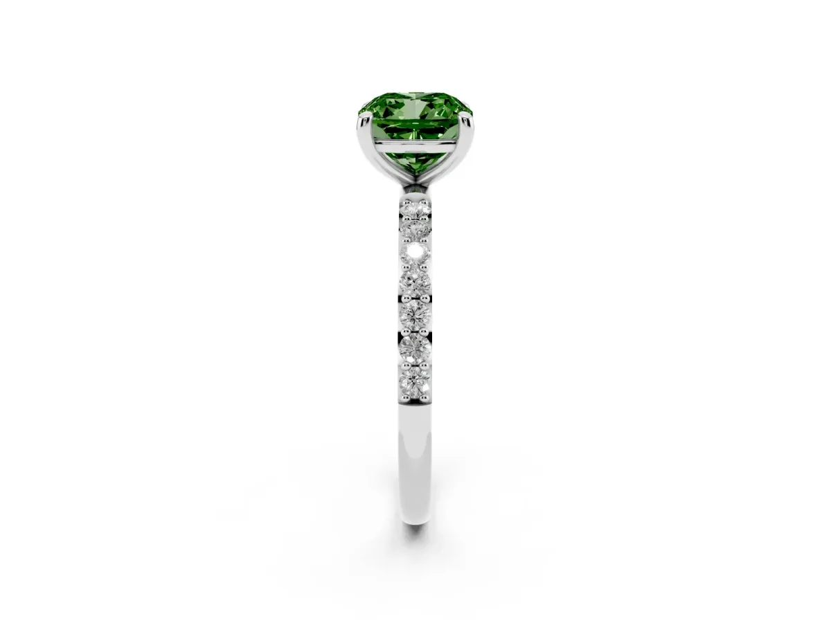 Fancy Green Cushion Cut Diamond Solitaire Ring with Round Pavé Band and Prong Setting Platinum