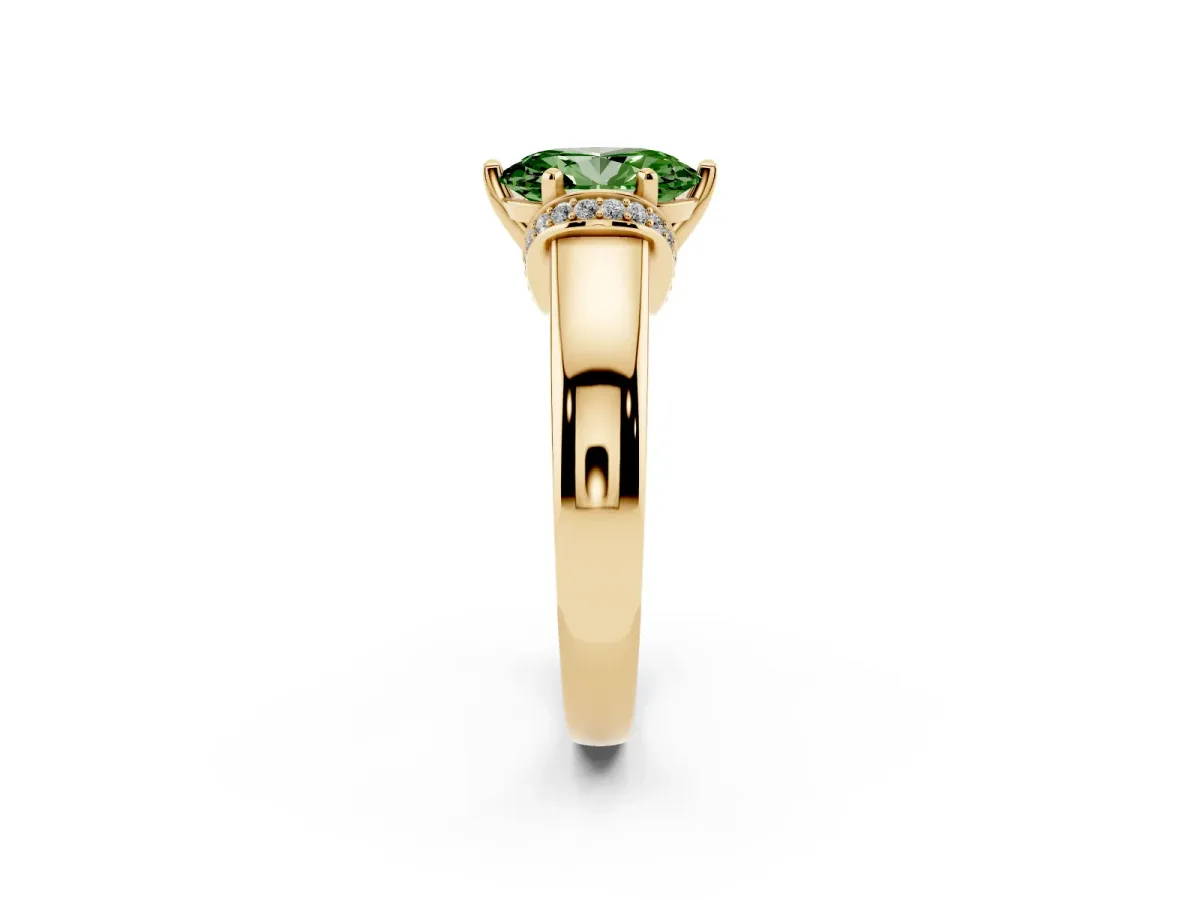 Fancy Green Oval Cut Solitaire Diamond Ring with Pave Band and Six-Prong Setting Yellow gold