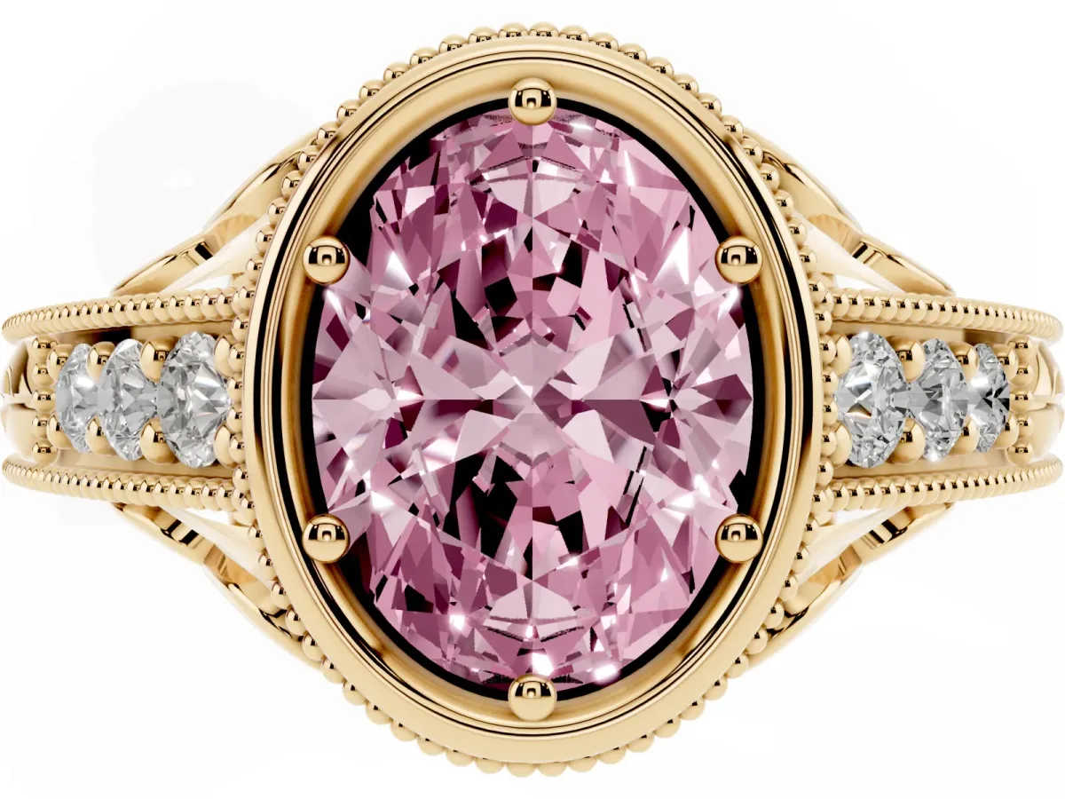 Fancy Pink Bezel Set Oval Cut Diamond Milgrain Pave Engagement Ring Yellow gold