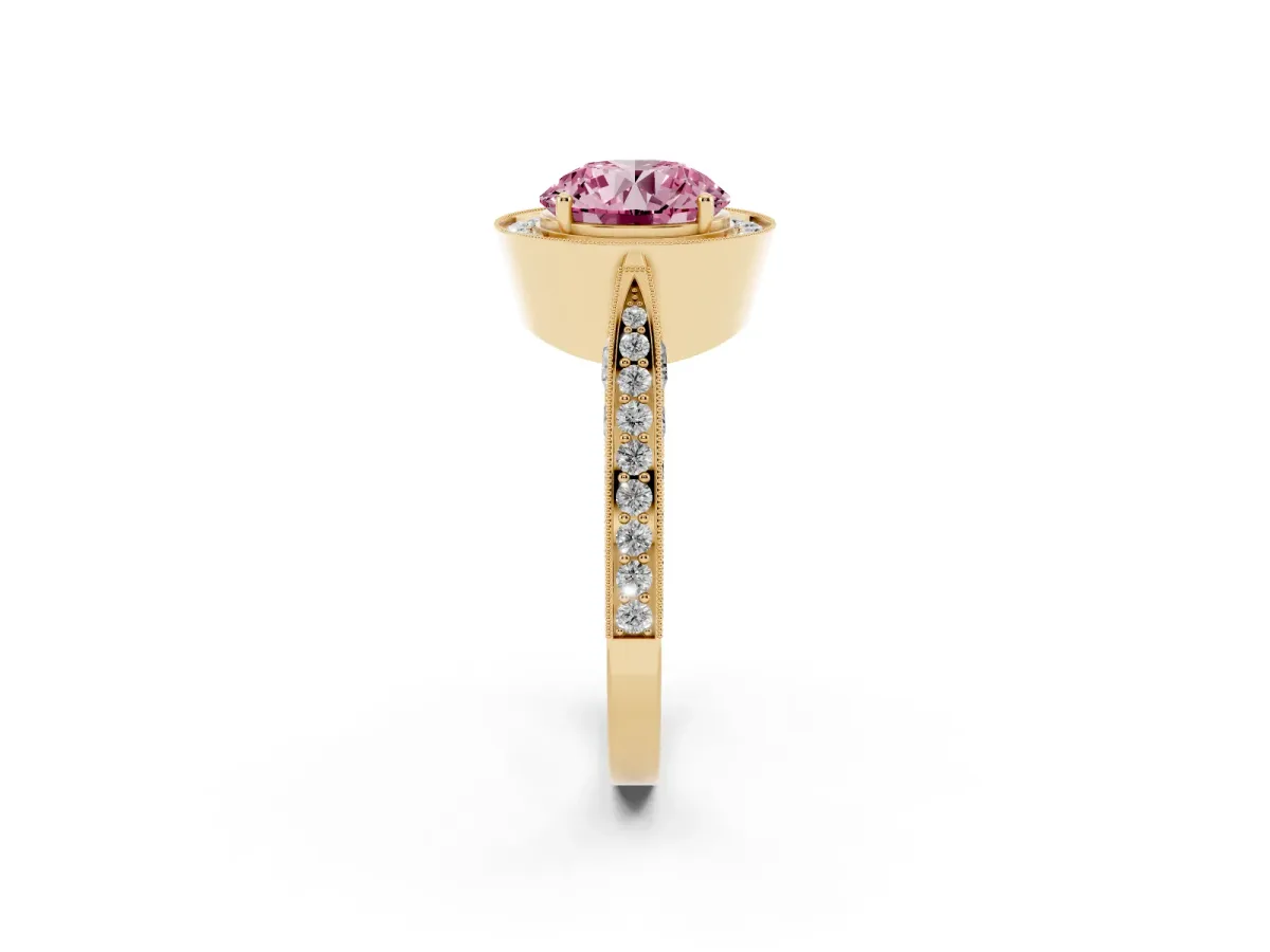 Fancy Pink Round Cut Halo Diamond Engagement Ring with Split Shank Band and Four-Prong Setting Yellow gold