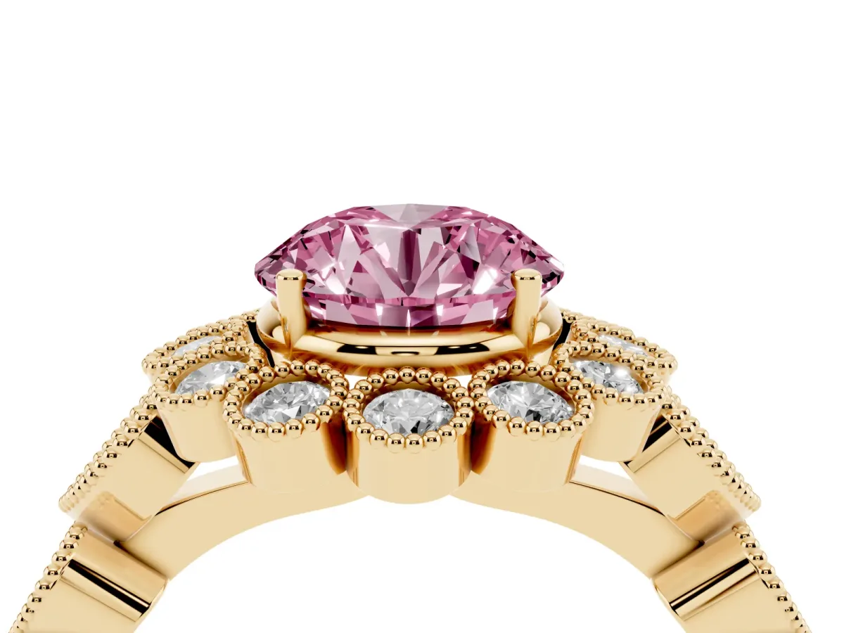 Fancy Pink Round Cut Brilliant Milgrain Pave Heart Band Solitaire Ring Yellow gold