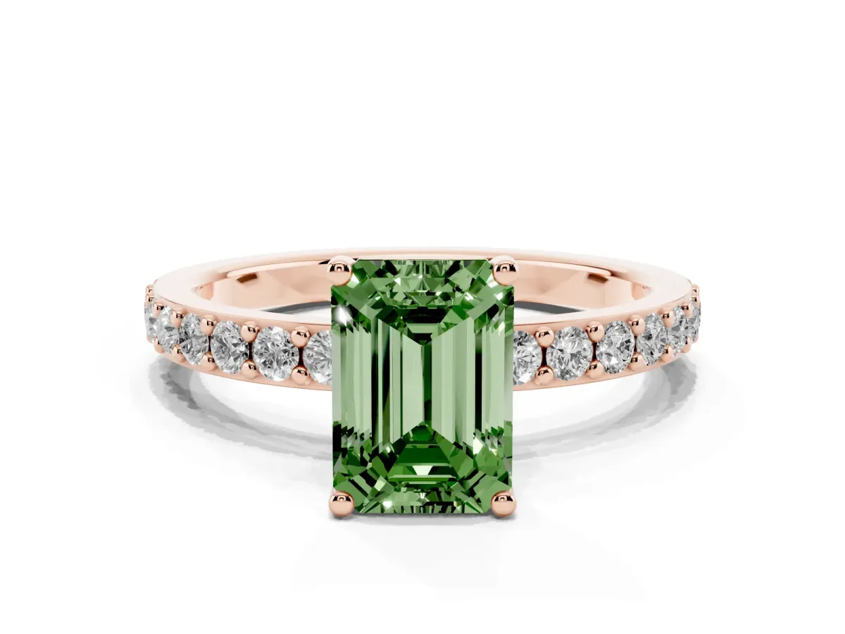 Fancy Green Emerald Cut Cut Diamond Solitaire with Pave Band and Four-Prong Setting Rose gold