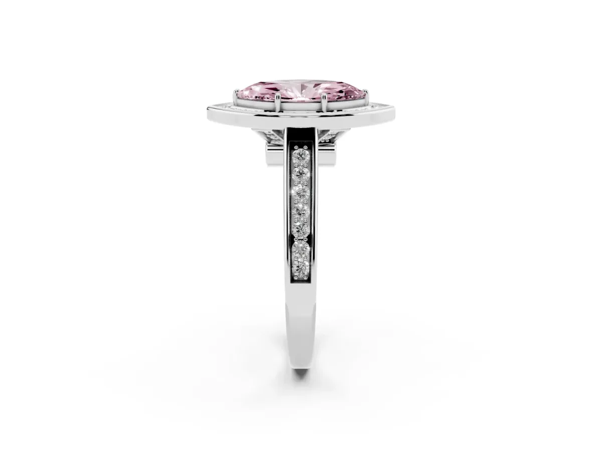 Fancy Pink Marquise Cut Halo Solitaire Diamond Ring with Pave Band and Bezel Setting White gold