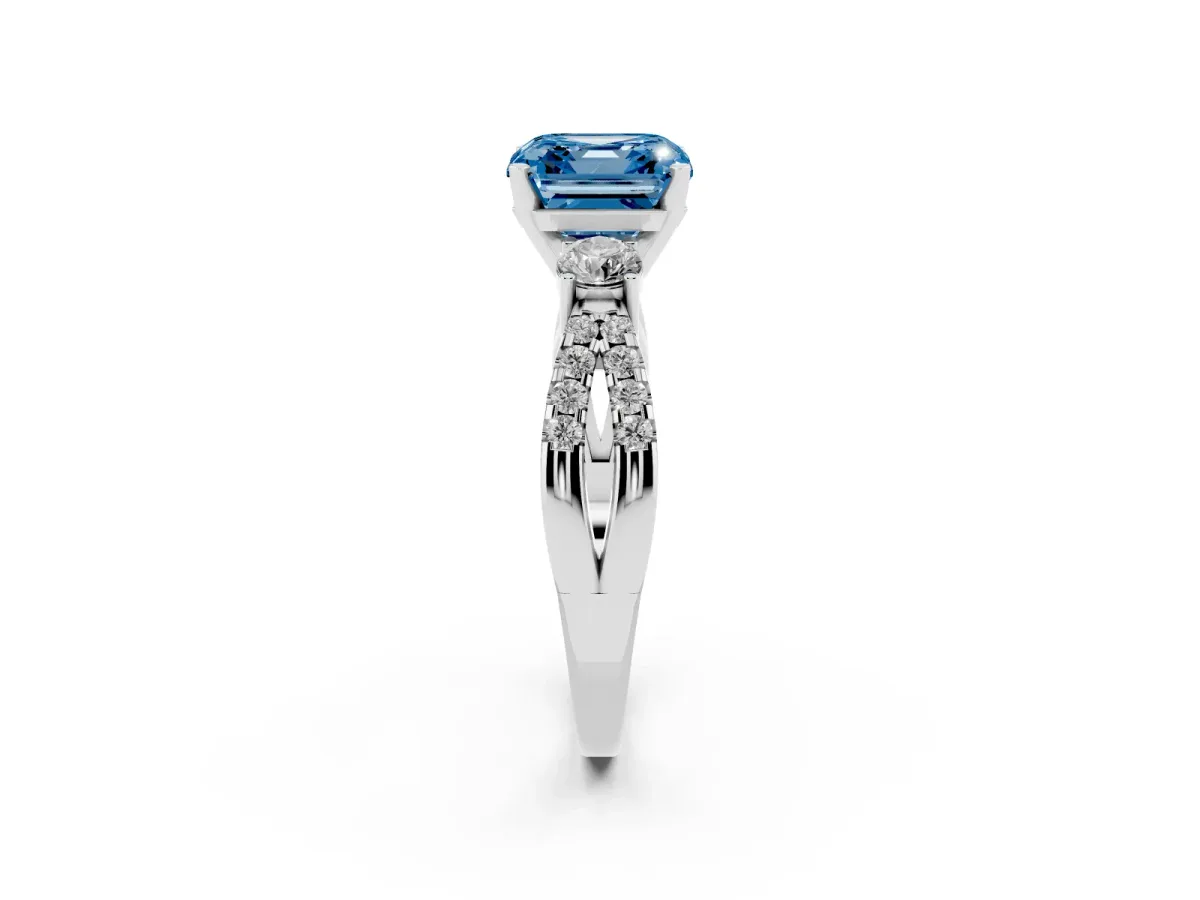 Fancy Blue Asscher Cut Diamond Three-Stone Ring with Pavé Split Shank and Four-Prong Setting Platinum