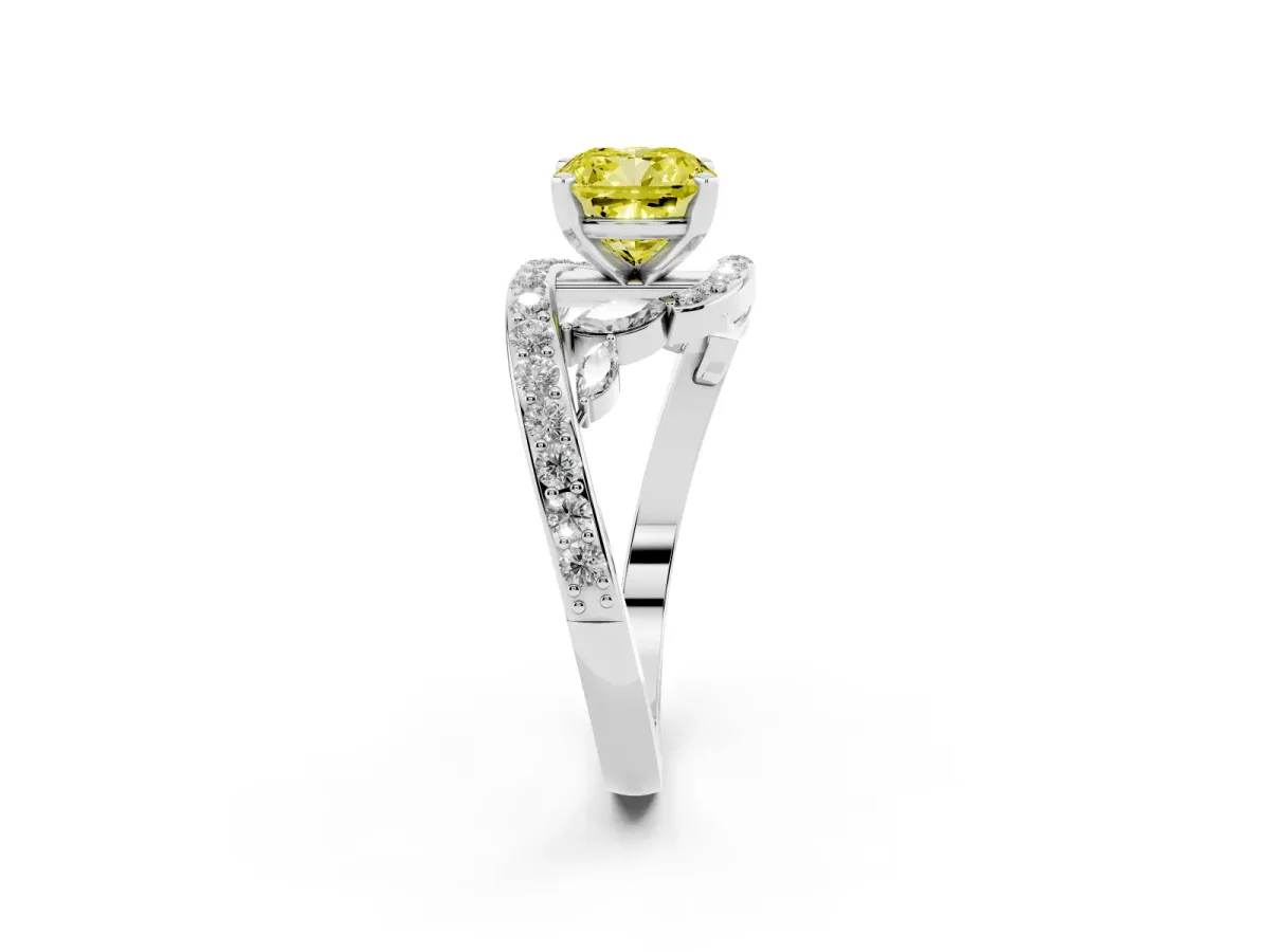 Fancy Yellow Cushion Cut Solitaire with Pavé Twist Band and Four-Prong Setting Platinum