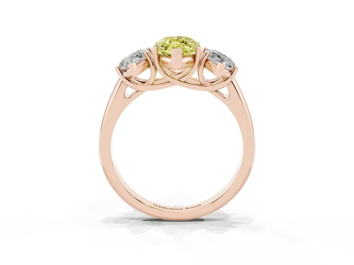Fancy Yellow Three-Stone Marquise Cut Diamond Engagement Ring with Prong Setting Rose gold