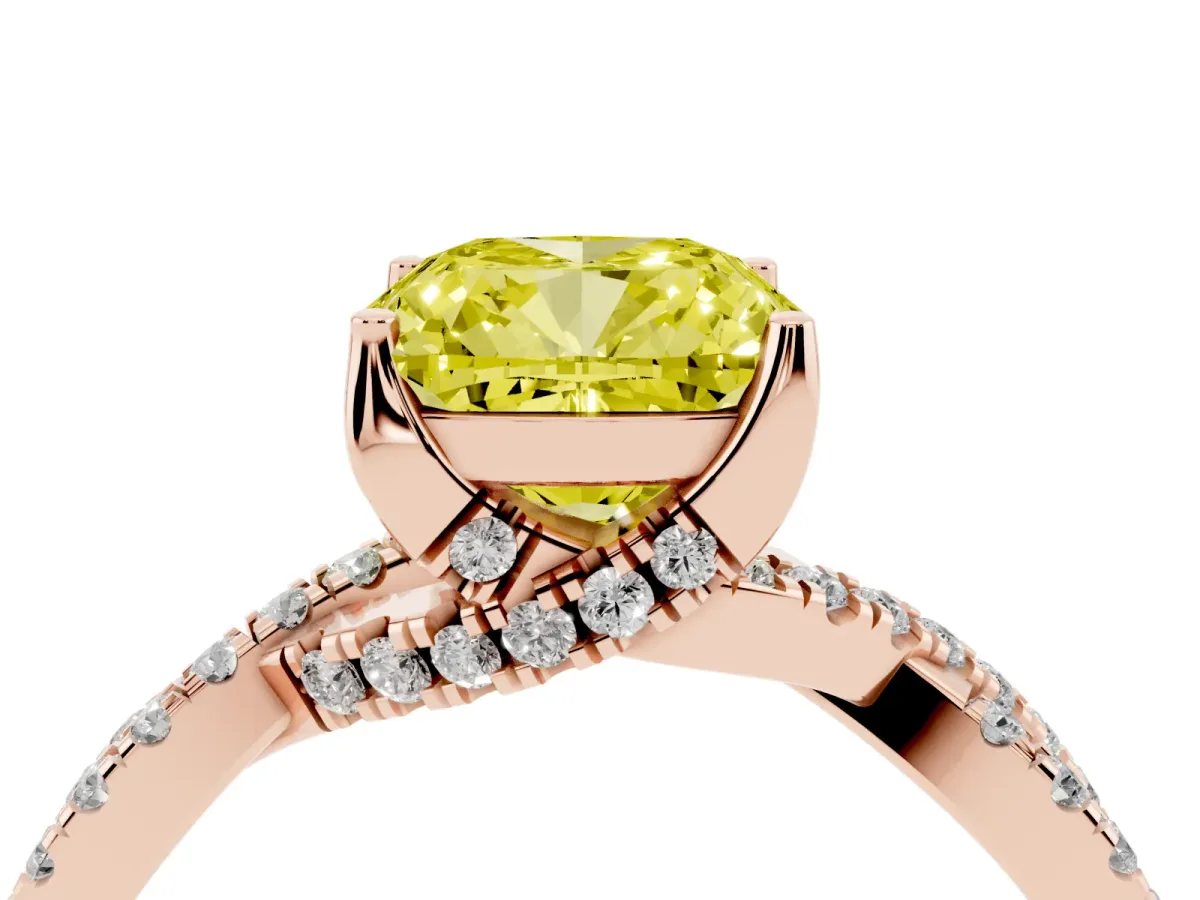 Fancy Yellow Cushion Cut Solitaire Twist Pave Diamond Engagement Ring with Prong Setting Rose gold